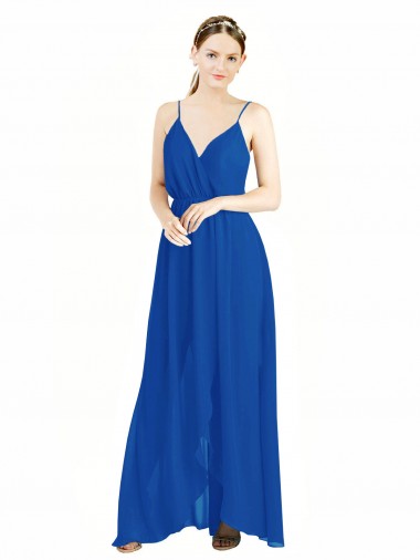 Site de Comprimento Chão Sem Mangas Chiffon Azul Real Linha A Sem Mangas Decote V Longo Abrir de volta Vestidos de Madrinha