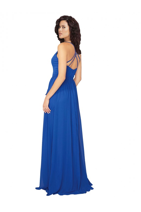 Site de Comprimento Chão Sem Mangas Chiffon Azul Real Linha A Sem Mangas Decote V Vestidos de Madrinha