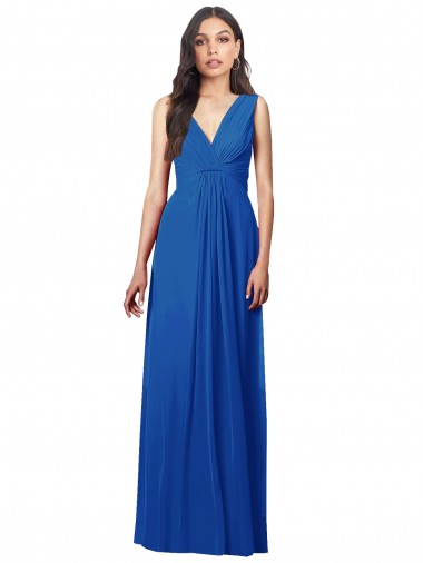 Site de Comprimento Chão Sem Mangas Chiffon Azul Real Linha A Vestidos de Madrinha