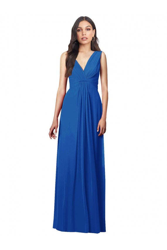 Site de Comprimento Chão Sem Mangas Chiffon Azul Real Linha A Vestidos de Madrinha