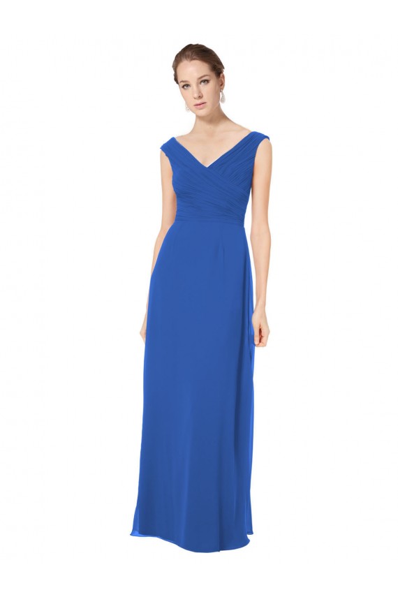 Site de Comprimento Chão Sem Mangas Chiffon Azul Real Linha A Sem Mangas Fora do Ombro Vestidos de Madrinha