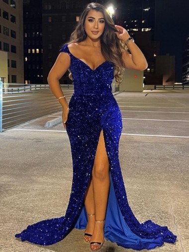 Site de Comboio Varredela Sem Mangas Lantejoulas Veludo Azul Real Bainha Vestidos de Festa / Vestidos de Madrinha
