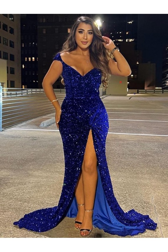 Site de Comboio Varredela Sem Mangas Lantejoulas Veludo Azul Real Bainha Vestidos de Festa / Vestidos de Madrinha