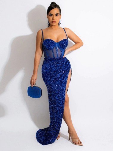 Site de Comboio Varredela Sem Mangas Lantejoulas Veludo Azul Real Bainha Vestido de Festa / Vestido de Noiva