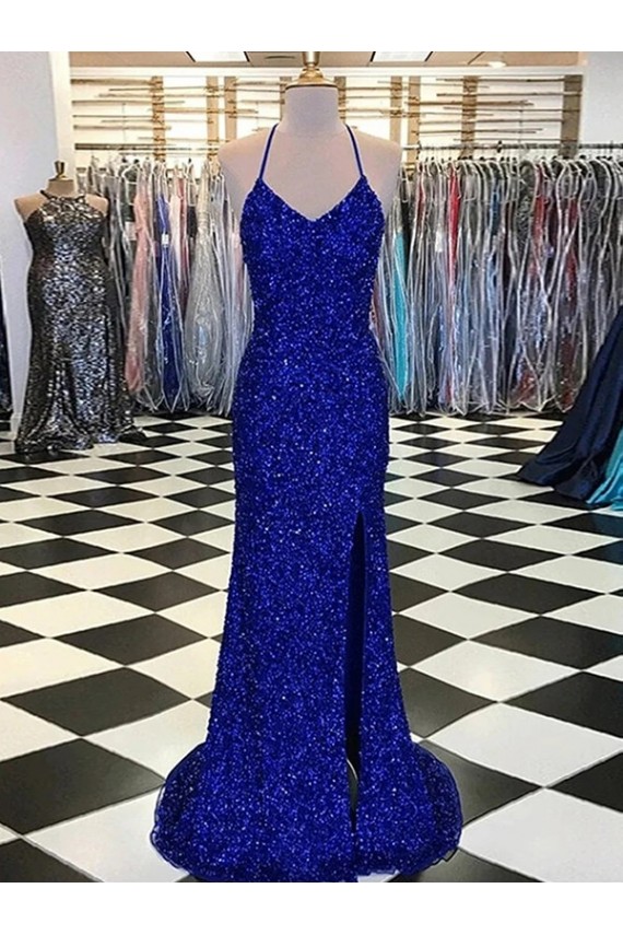 Site de Comboio Varredela Sem Mangas Lantejoulas Veludo Azul Real Bainha Vestido de Noiva / Vestido de Festa