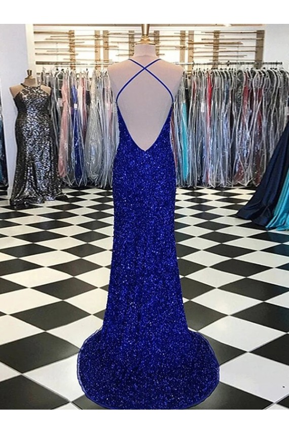 Site de Comboio Varredela Sem Mangas Lantejoulas Veludo Azul Real Bainha Vestido de Noiva / Vestido de Festa