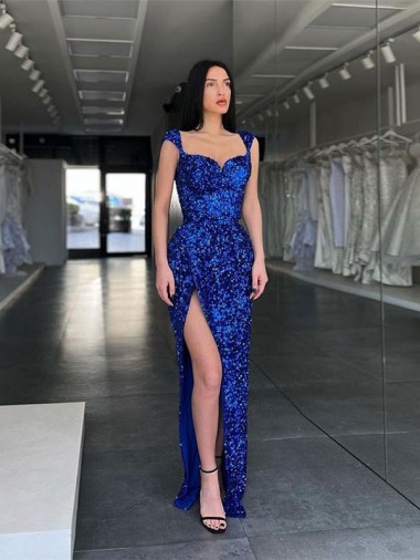 Site de Comboio Varredela Sem Mangas Lantejoulas Veludo Azul Real Bainha Vestido de Festa