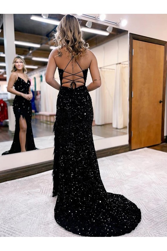 Site de Comboio Varredela Sem Mangas Lantejoulas Veludo Azul Real Bainha Vestido de Festa / Vestido de Madrinha