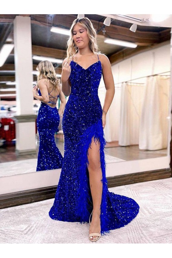 Site de Comboio Varredela Sem Mangas Lantejoulas Veludo Azul Real Bainha Vestido de Festa / Vestido de Madrinha