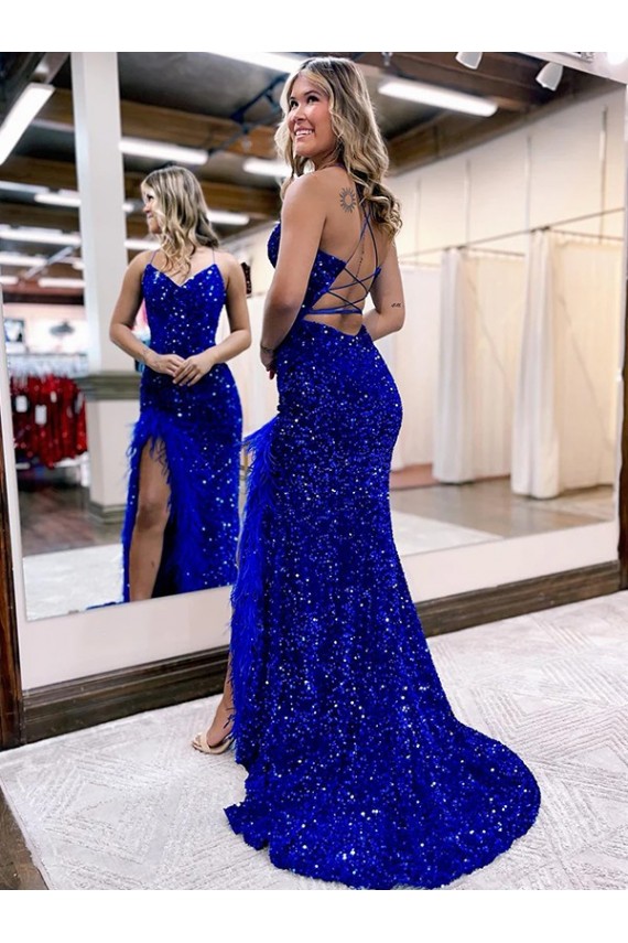 Site de Comboio Varredela Sem Mangas Lantejoulas Veludo Azul Real Bainha Vestido de Festa / Vestido de Madrinha