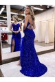 Site de Comboio Varredela Sem Mangas Lantejoulas Veludo Azul Real Bainha Vestido de Festa / Vestido de Madrinha