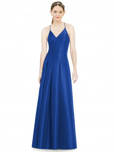 Site de Comprimento Chão Sem Mangas Cetim Azul Real Linha A Vestidos de Madrinha