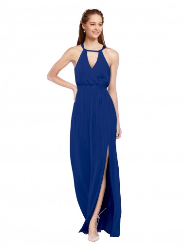 Site de Comprimento Chão Sem Mangas Chiffon Azul Real Linha A Sem Mangas Decote Alto Vestidos de Madrinha