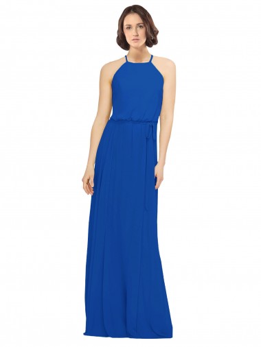 Site de Comprimento Chão Sem Mangas Chiffon Azul Real Linha A Sem Mangas Decote Joia Vestidos de Madrinha