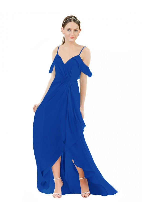 Site de Alto Baixo Ombro Frio Chiffon Azul Real Linha A Alto Baixo, Vestidos de Madrinha