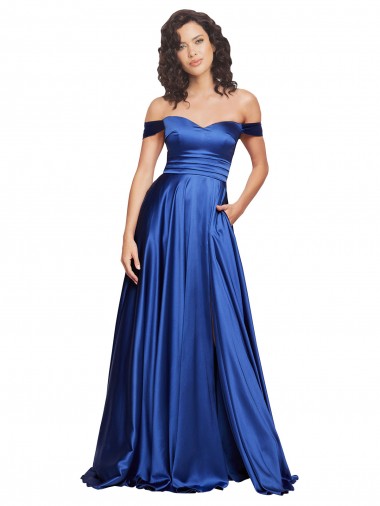 Site de Comboio Varredela Sem Mangas Cetim Elástico Azul Real Linha A Vestidos de Madrinha / Vestidos de Noite / Vestidos de Festa