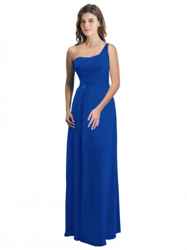 Site de Comprimento Chão Sem Mangas Chiffon Azul Real Linha A Sem Mangas Um Ombro Vestidos de Madrinha