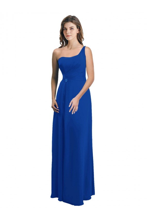 Site de Comprimento Chão Sem Mangas Chiffon Azul Real Linha A Sem Mangas Um Ombro Vestidos de Madrinha