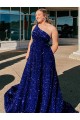 Site de Comboio Varredela Sem Mangas Lantejoulas Veludo Azul Real Linha A Vestidos de Festa