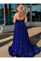 Site de Comboio Varredela Sem Mangas Lantejoulas Veludo Azul Real Linha A Vestidos de Festa