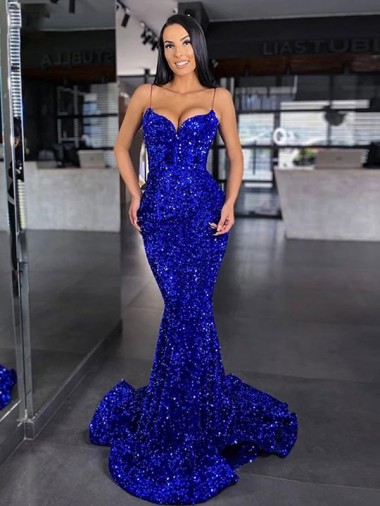 Site de Comboio Varredela Sem Mangas Lantejoulas Veludo Azul Real Sereia Vestidos de Festa