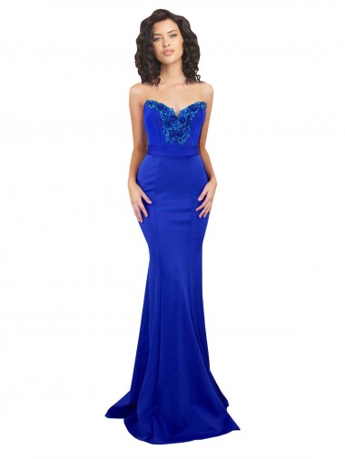 Site de Comprimento Chão Sem Mangas Crepe Esticado Azul Real Sereia Vestidos de Madrinha / Vestidos de Noite / Vestidos de Festa