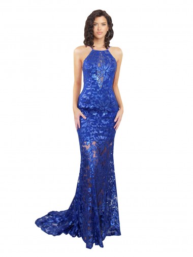 Site de Comprimento Chão Sem Mangas Renda Azul Real Sereia Vestidos de Madrinha / Vestidos de Festa