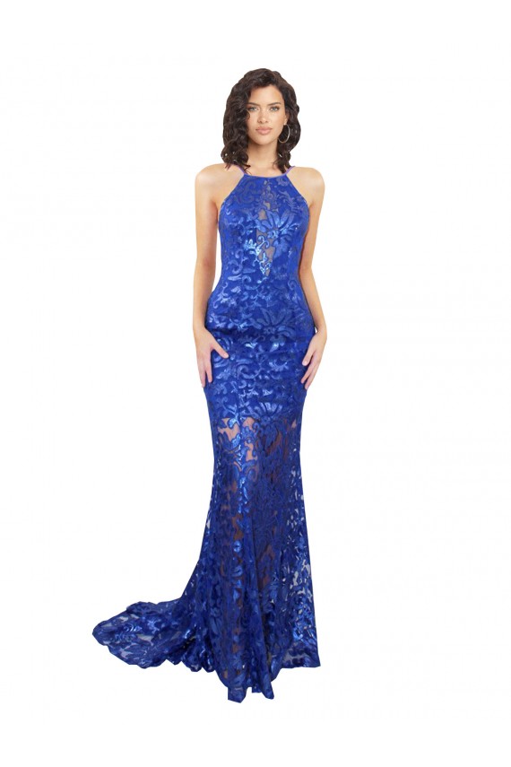 Site de Comprimento Chão Sem Mangas Renda Azul Real Sereia Vestidos de Madrinha / Vestidos de Festa