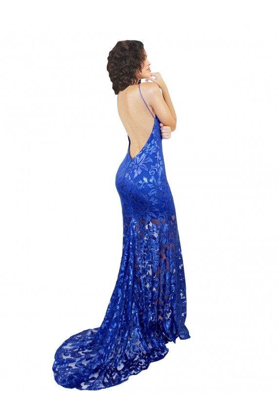 Site de Comprimento Chão Sem Mangas Renda Azul Real Sereia Vestidos de Madrinha / Vestidos de Festa