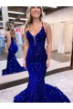 Site de Comboio Corte Sem Mangas Lantejoulas Veludo Azul Real Sereia Sem Mangas Vestidos de Festa