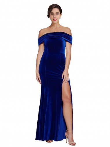 Site de Comprimento Chão Sem Mangas Veludo Elástico Azul Real Sereia Vestidos de Madrinha / Vestidos de Noite / Vestidos de Festa