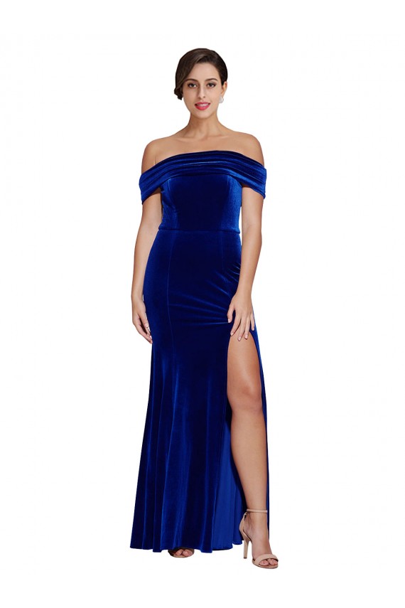 Site de Comprimento Chão Sem Mangas Veludo Elástico Azul Real Sereia Vestidos de Madrinha / Vestidos de Noite / Vestidos de Festa