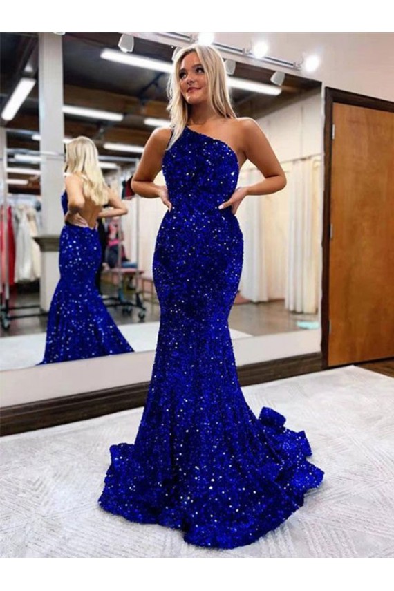 Site de Comboio Varredela Sem Mangas Lantejoulas Veludo Azul Real Sereia Vestido de Festa