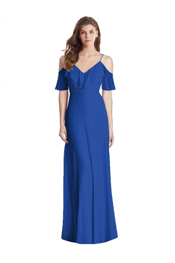 Site de Comprimento Chão Ombro Frio Chiffon Azul Real Trombeta Vestidos de Madrinha