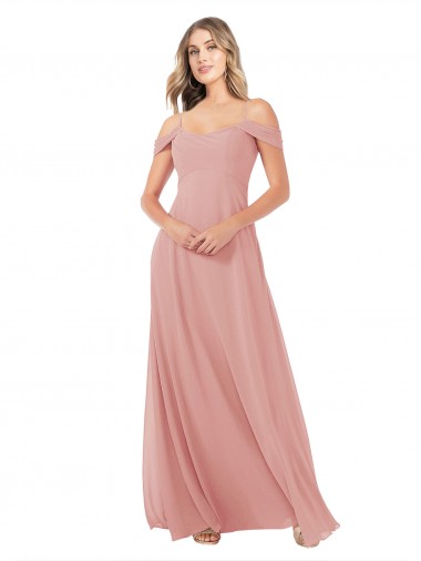 Site de Comprimento Chão Sem Mangas Chiffon Bliss Linha A Sem Mangas Fora do Ombro Vestidos de Madrinha