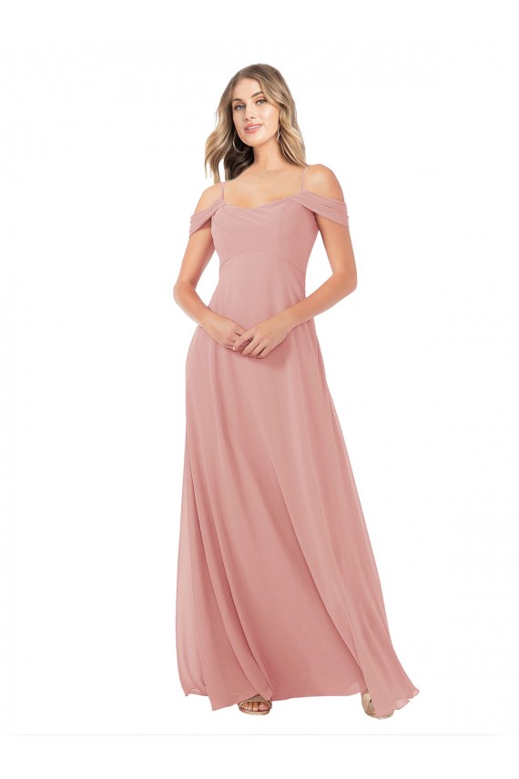 Site de Comprimento Chão Sem Mangas Chiffon Bliss Linha A Sem Mangas Fora do Ombro Vestidos de Madrinha