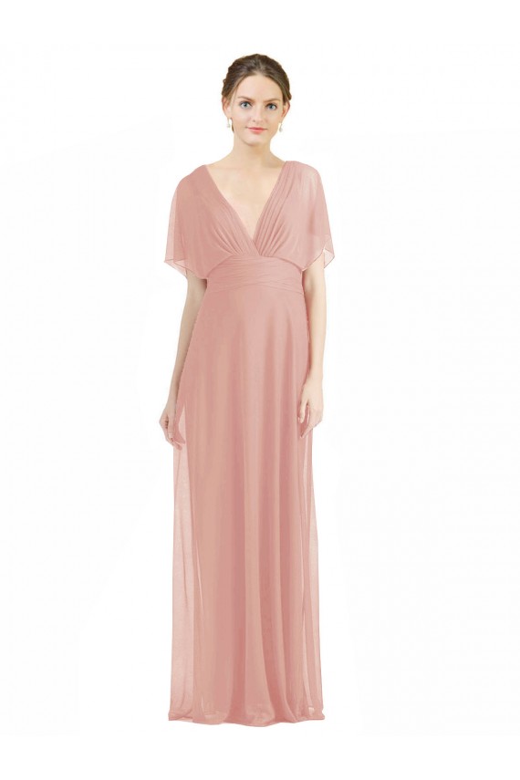 Site de Comprimento Chão Mangas Curtas Chiffon Bliss Linha A Vestidos de Madrinha