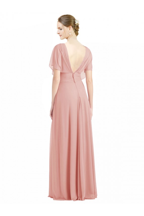 Site de Comprimento Chão Mangas Curtas Chiffon Bliss Linha A Vestidos de Madrinha