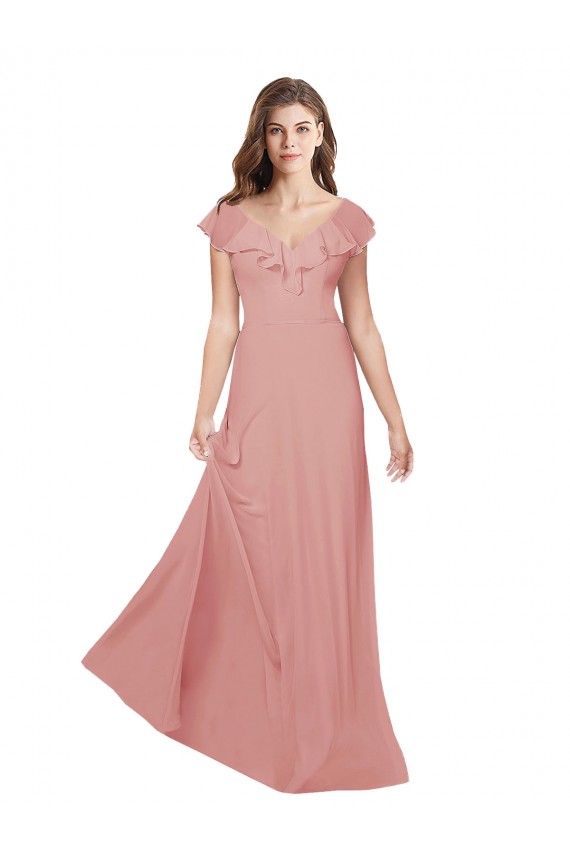 Site de Comprimento Chão Mangas Esvoaçantes Chiffon Bliss Linha A Mangas Esvoaçantes Vestidos de Madrinha