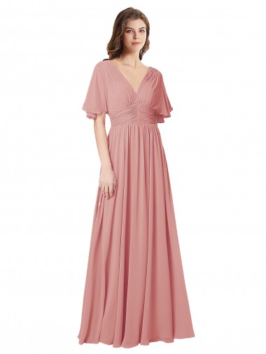 Site de Comprimento Chão Mangas Esvoaçantes Chiffon Bliss Linha A Vestidos de Madrinha