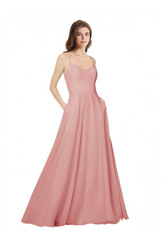 Site de Comprimento Chão Sem Mangas Chiffon Bliss Linha A Sem Mangas Sem alças Vestidos de Madrinha