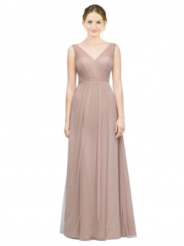 Site de Comprimento Chão Sem Mangas Tule Blush Linha A Vestidos de Madrinha