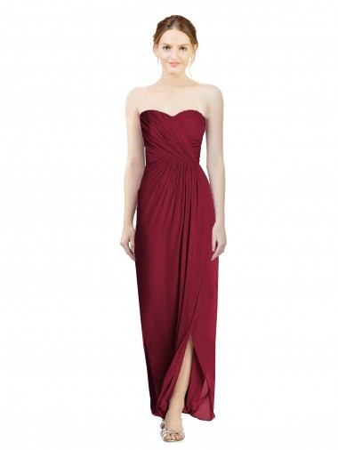 Site de Comprimento Chão Sem Mangas Chiffon Borgonha Bainha Sem Mangas Amor Vestidos de Madrinha