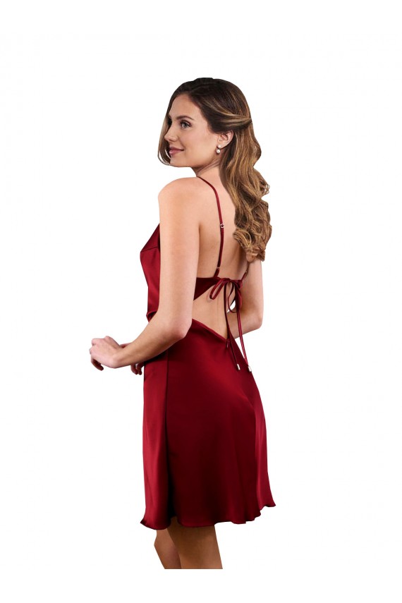 Site de Comprimento Midi Sem Mangas Cetim Sedoso Borgonha Bainha Vestidos de Madrinha / Vestidos de Noite / Vestidos de Festa