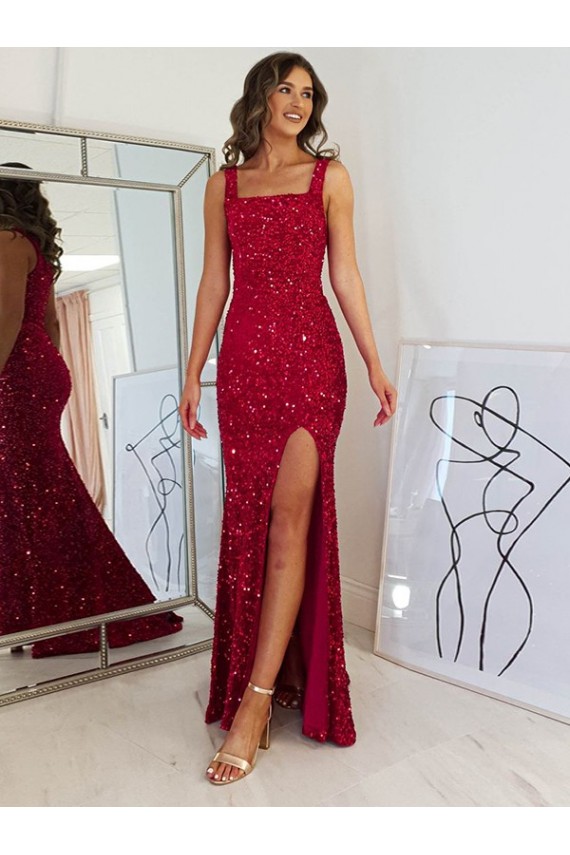 Site de Comprimento Chão Sem Mangas Lantejoulas Veludo Borgonha Bainha Vestidos de Festa