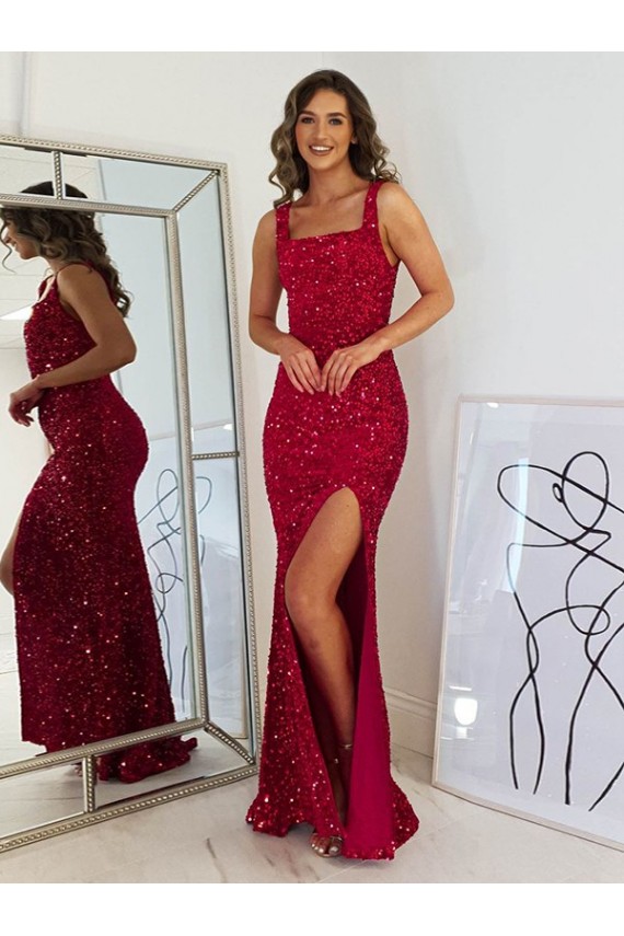 Site de Comprimento Chão Sem Mangas Lantejoulas Veludo Borgonha Bainha Vestidos de Festa
