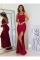 Site de Comprimento Chão Sem Mangas Lantejoulas Veludo Borgonha Bainha Vestidos de Festa