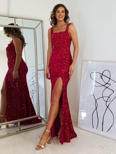 Site de Comprimento Chão Sem Mangas Lantejoulas Veludo Borgonha Bainha Vestidos de Festa