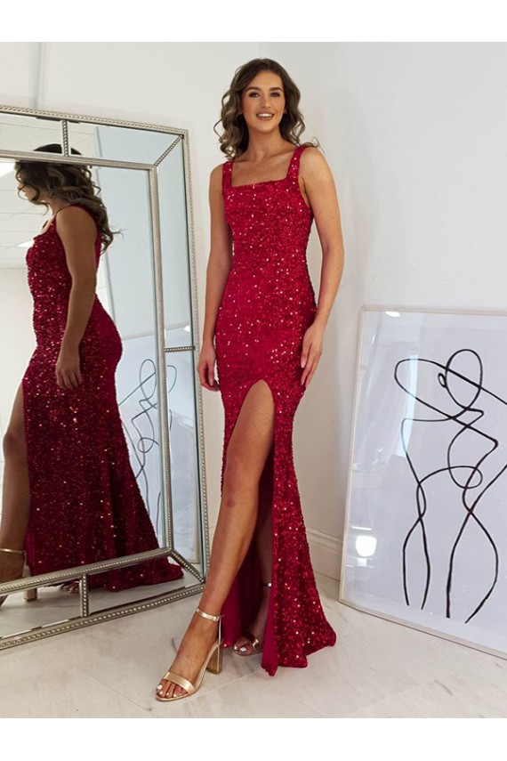 Site de Comprimento Chão Sem Mangas Lantejoulas Veludo Borgonha Bainha Vestidos de Festa