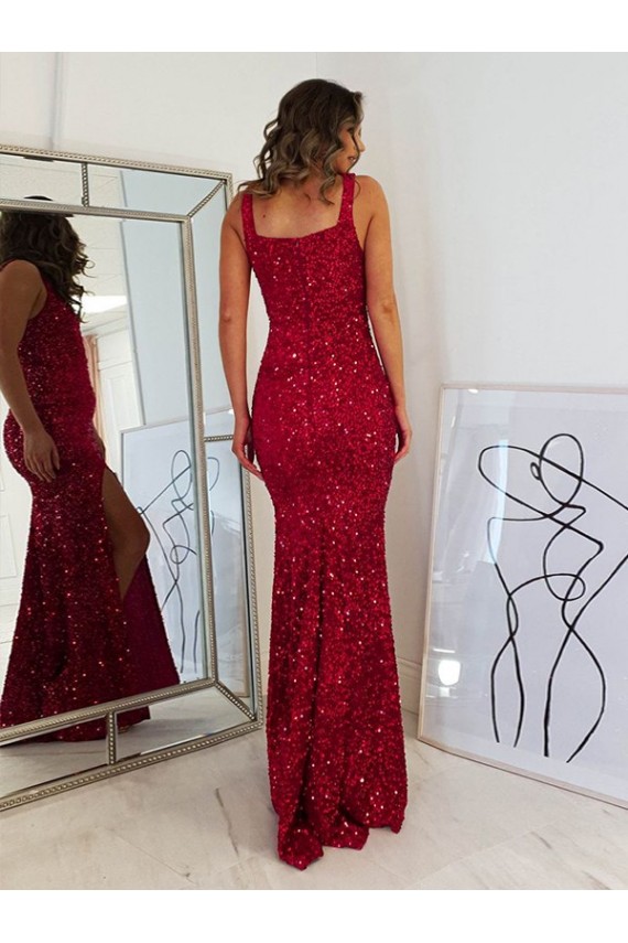 Site de Comprimento Chão Sem Mangas Lantejoulas Veludo Borgonha Bainha Vestidos de Festa